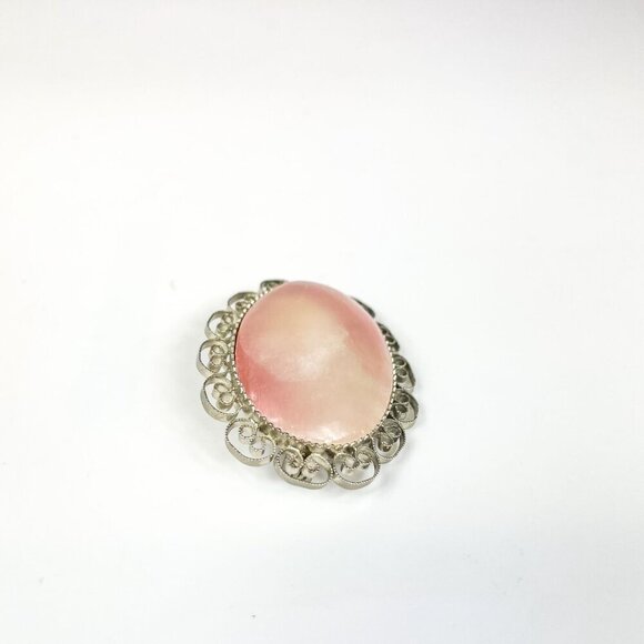 Vintage Rose Quartz & Silver Tone Filigree Oval Brooch - Picture 2 of 4